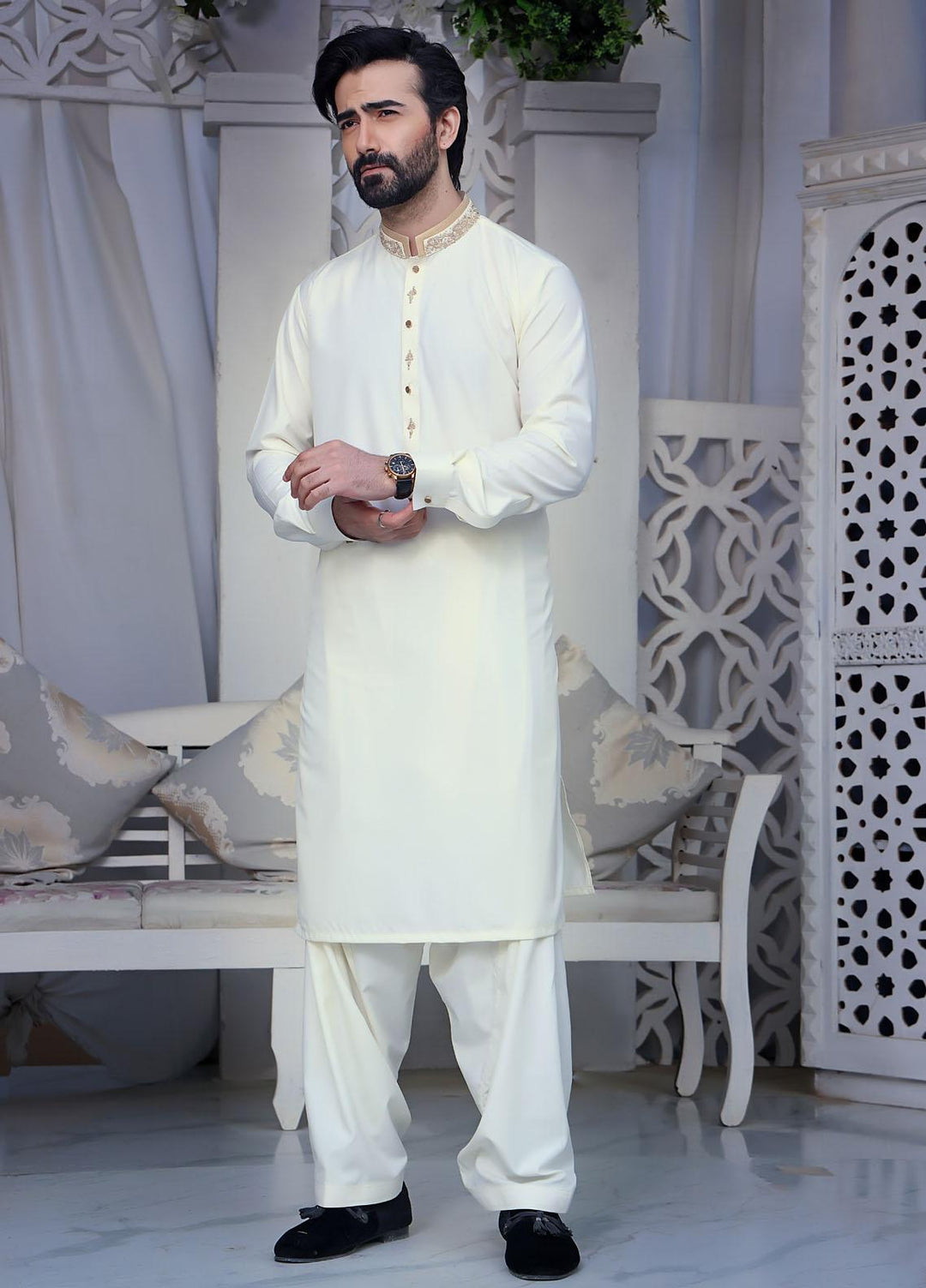 The Great Master (TGM) Wash N Wear Festive Kameez Shalwar for Men -  Pearl Cream