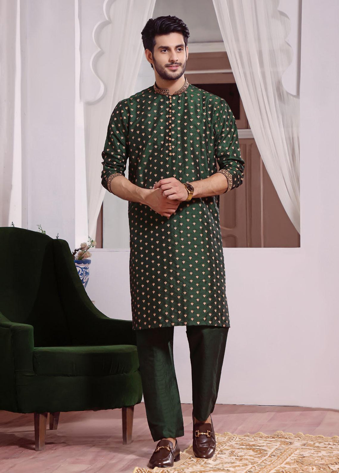 The Great Master (TGM) Raw Silk Formal Men Kurta Pajama -  TGM22MNF Greenwood