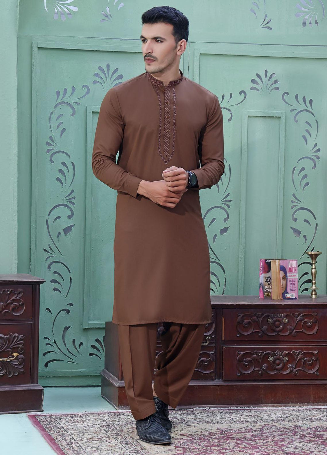The Great Master (TGM) Wash N Wear Festive Kameez Shalwar for Men -  Brown Carob