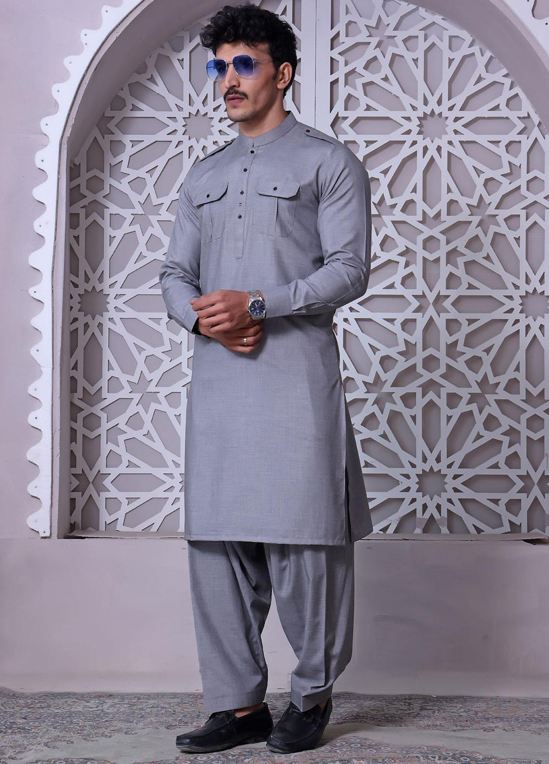 The Great Master (TGM) Wash N Wear Festive Kameez Shalwar for Men -  Steel Grey D-19