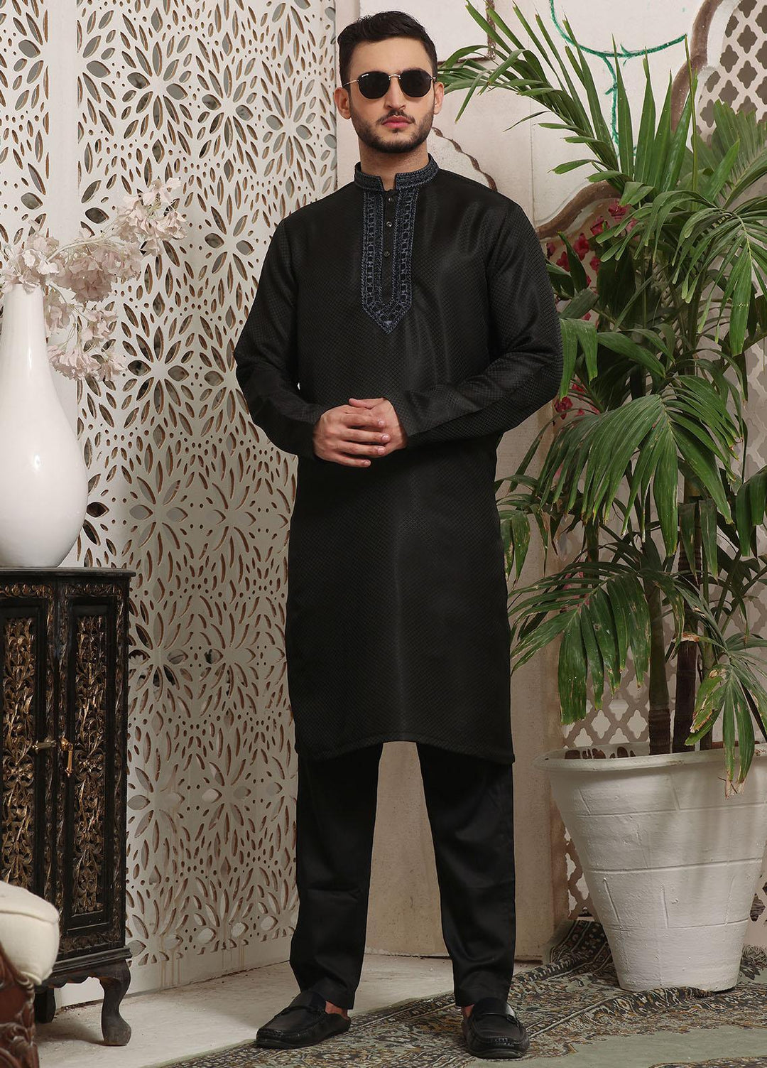 The Great Master (TGM) Jamawar Formal Kameez Shalwar for Men -  BLACK CHARCOAL