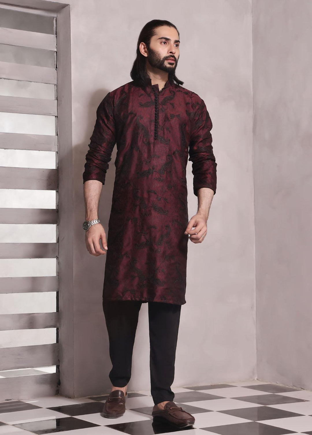 The Great Master (TGM) Jamawar Fancy Kameez Shalwar for Men -  Garnet Silk
