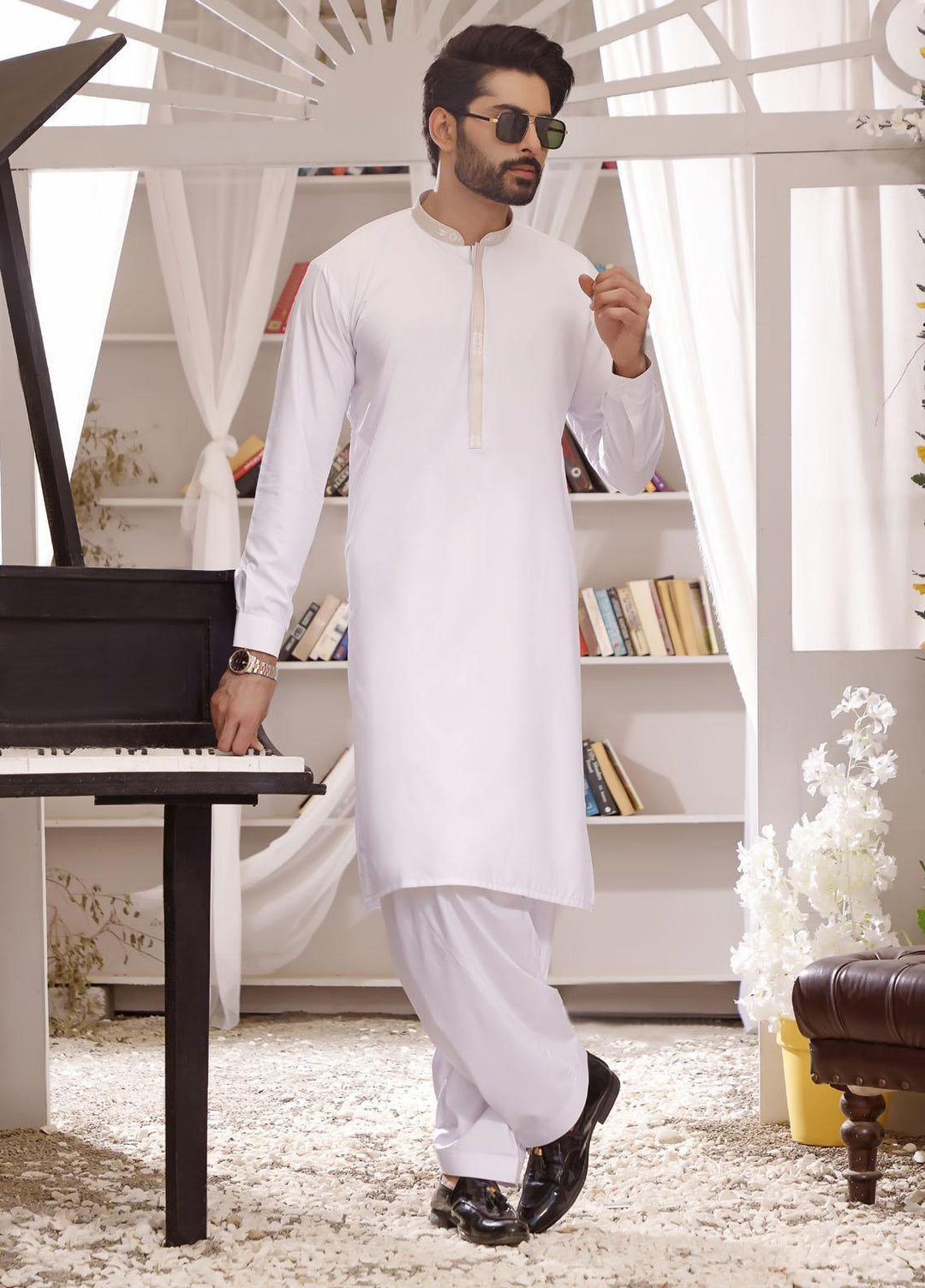 The Great Master (TGM) Wash N Wear Formal Shalwar Kameez for Men -  TGM22MS-3 White Leaf
