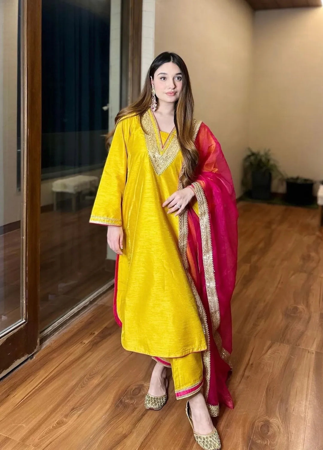 The Girls Store Pret Solid Katan Silk 3 Piece Suit Mahjabeen