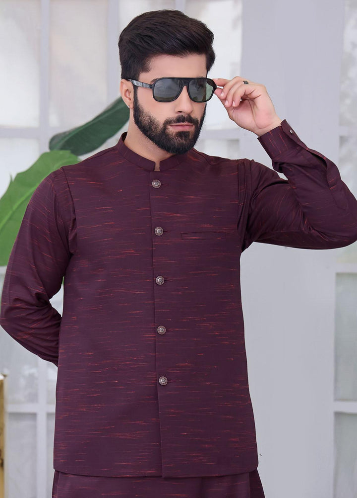 The Great Master (TGM) Wash N Wear Festive Kameez Shalwar with Waistcoat for Men -  Purple Orchid
