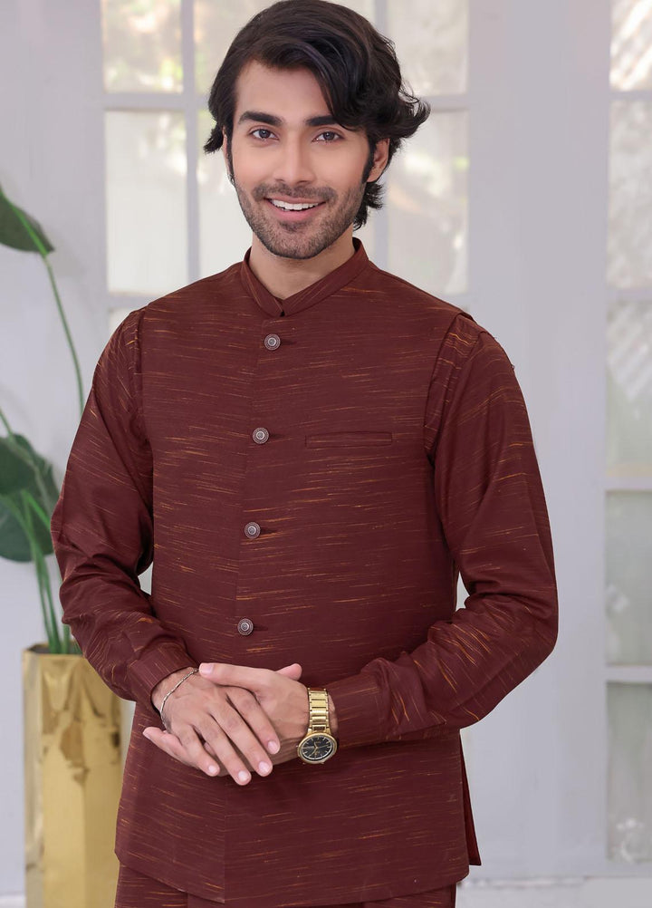 The Great Master (TGM) Wash N Wear Festive Kameez Shalwar with Waistcoat for Men -  Rusty Fern