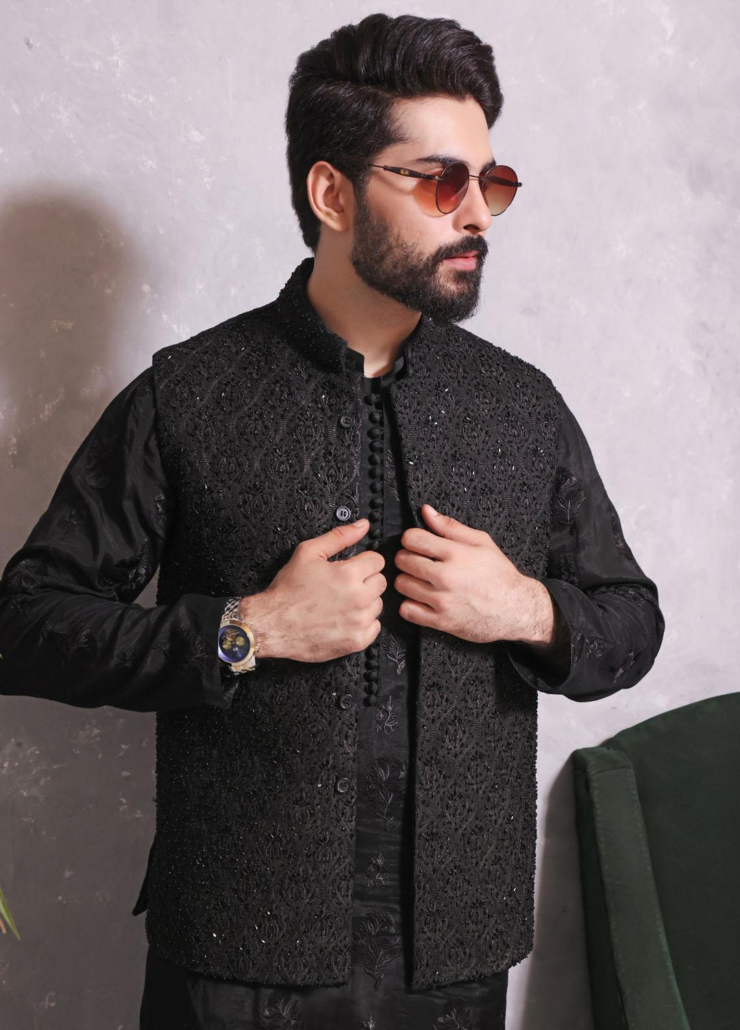 The Great Master (TGM) Jamawar Festive Waistcoat for Men - TGM22MW Black Beast