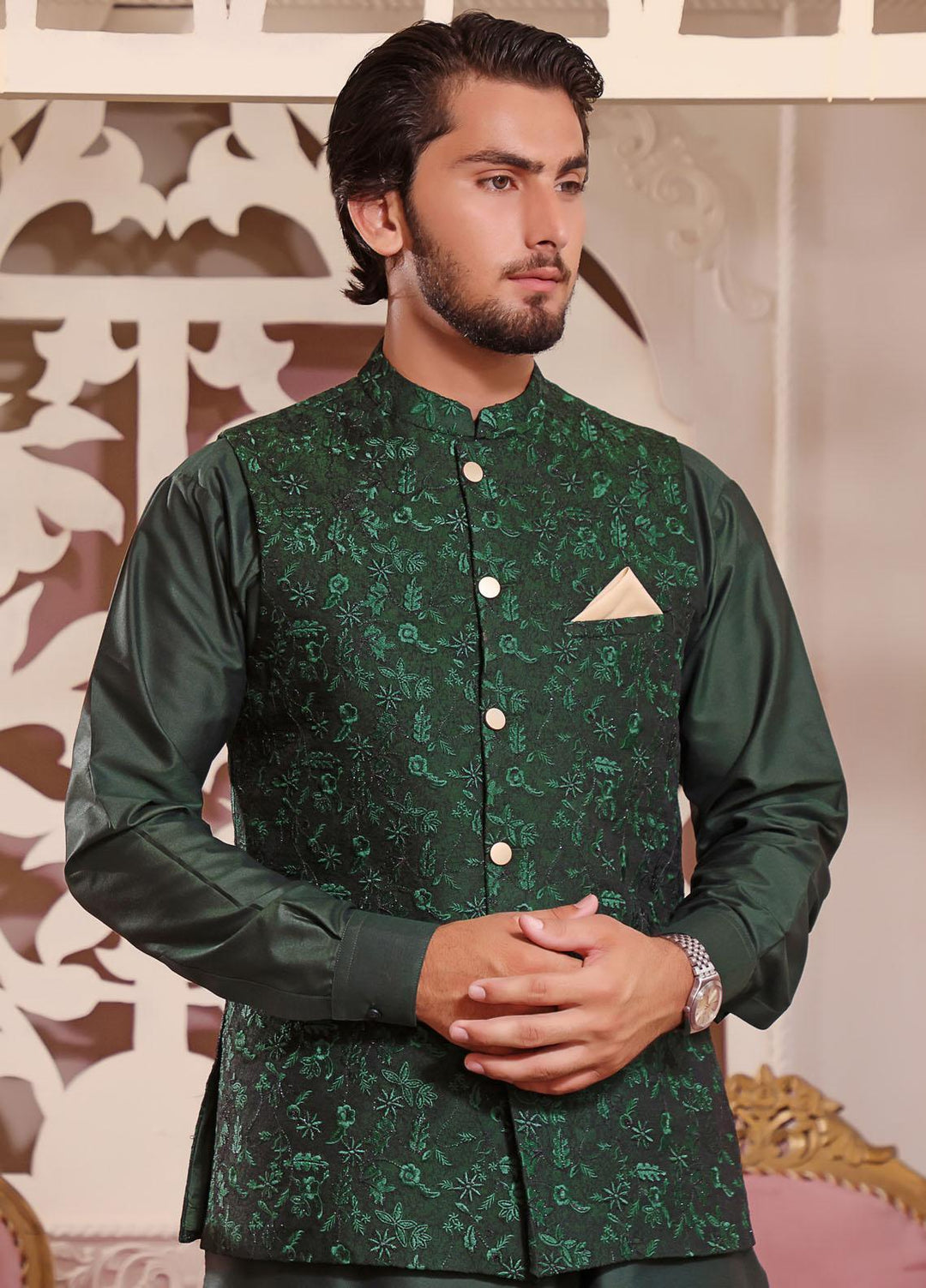The Great Master (TGM) Jamawar Festive Men Waistcoat - TGM22MW Greenwing