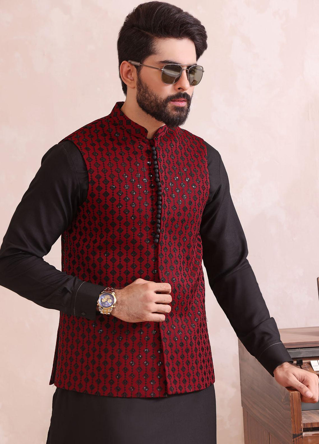The Great Master (TGM) Raw Silk Festive Men Waistcoat - TGM22MW Persian Rose