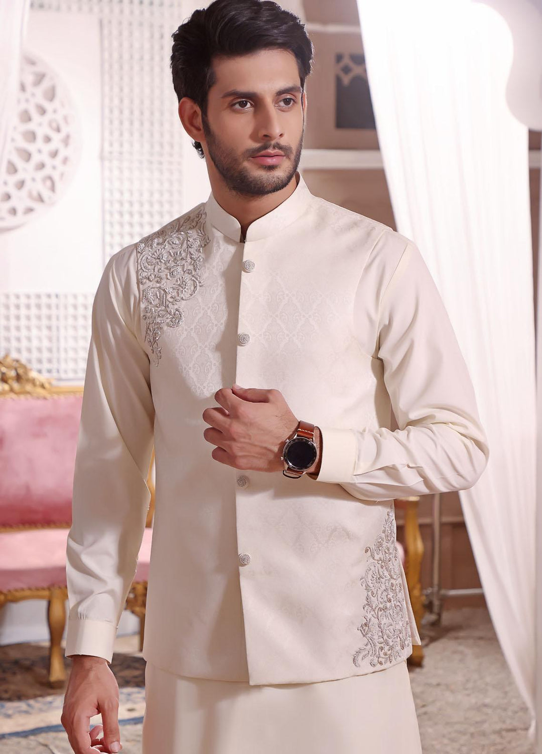 The Great Master (TGM) Jamawar Festive Waistcoat for Men - TGM22MW Snowflake
