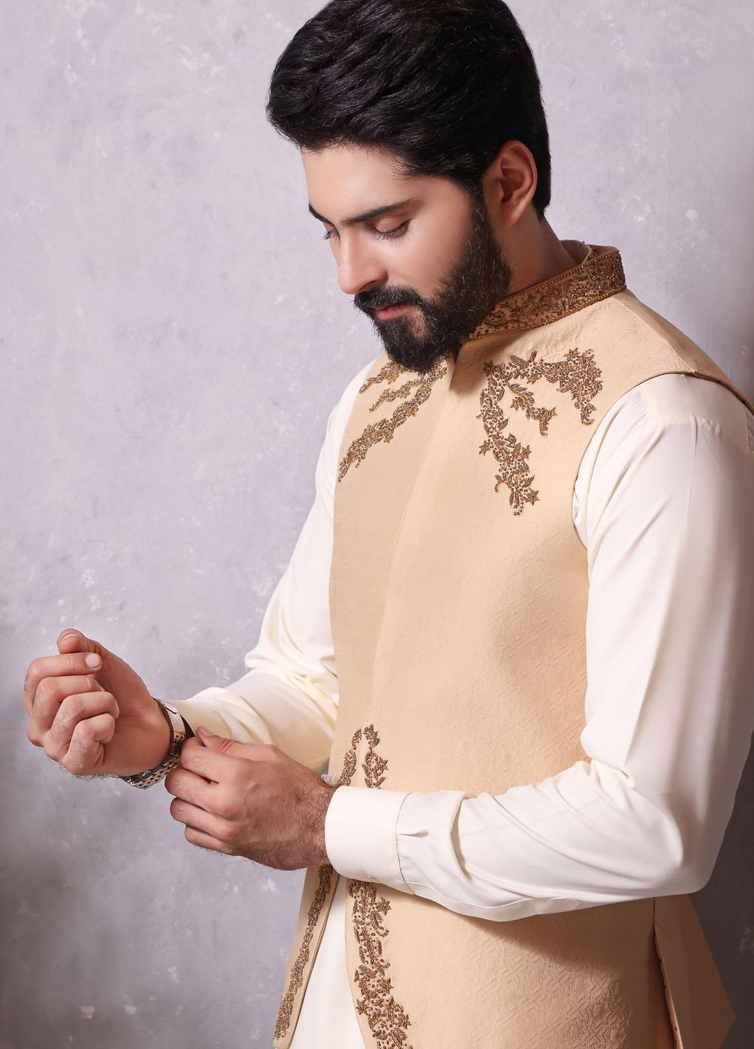 The Great Master (TGM) Jamawar Festive Men Waistcoat - TGM22MW Sunglow