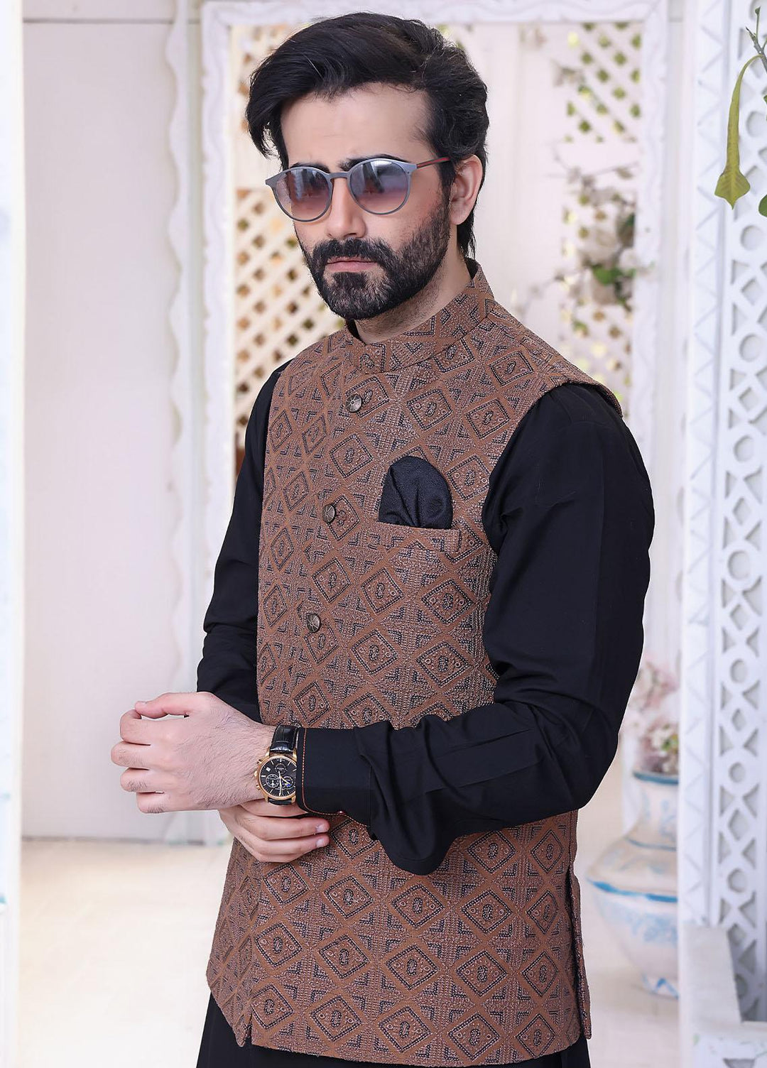 The Great Master (TGM) Raw Silk Festive Waistcoat for Men -  Brick Red