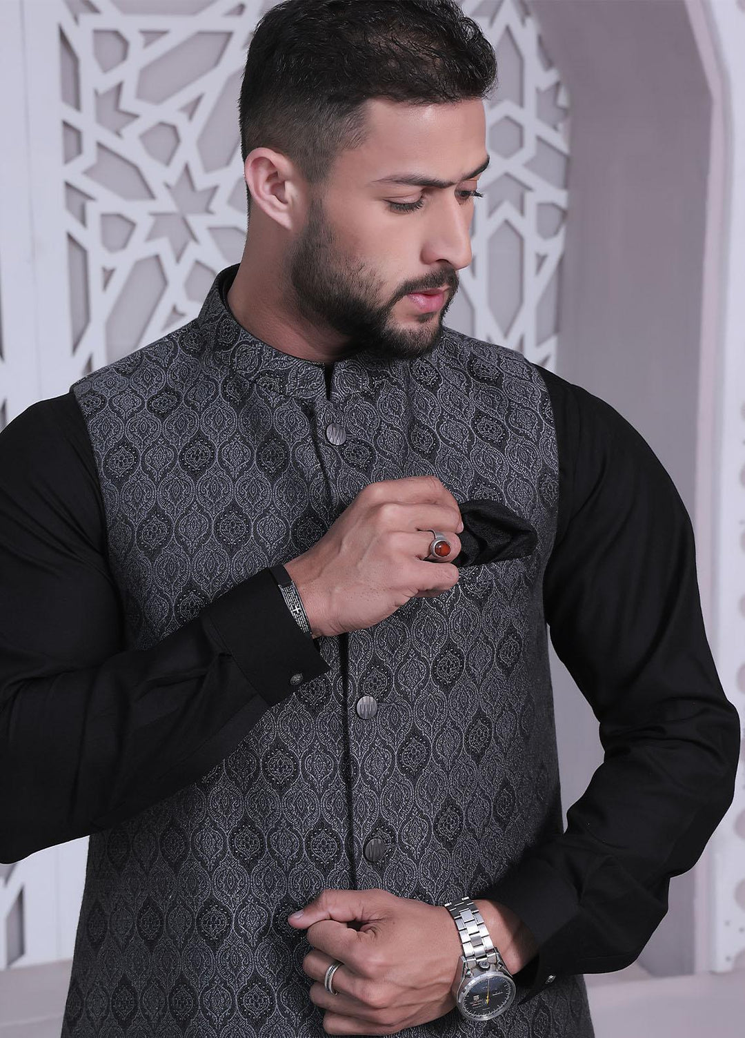 The Great Master (TGM) Jacquard Festive Waistcoat for Men -  Silver Frost
