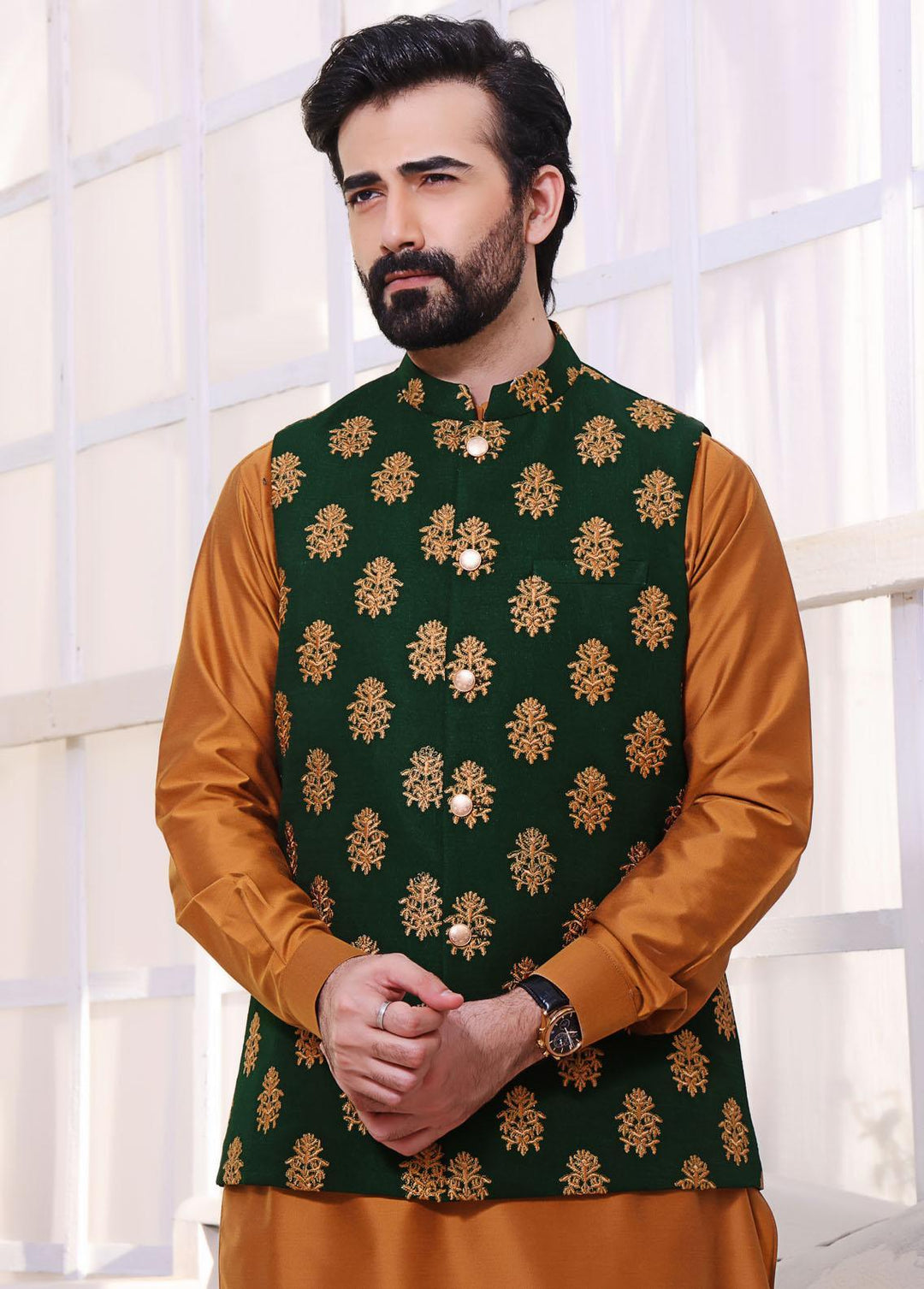 The Great Master (TGM) Cotton Formal Waistcoat for Men -  Green Woodland