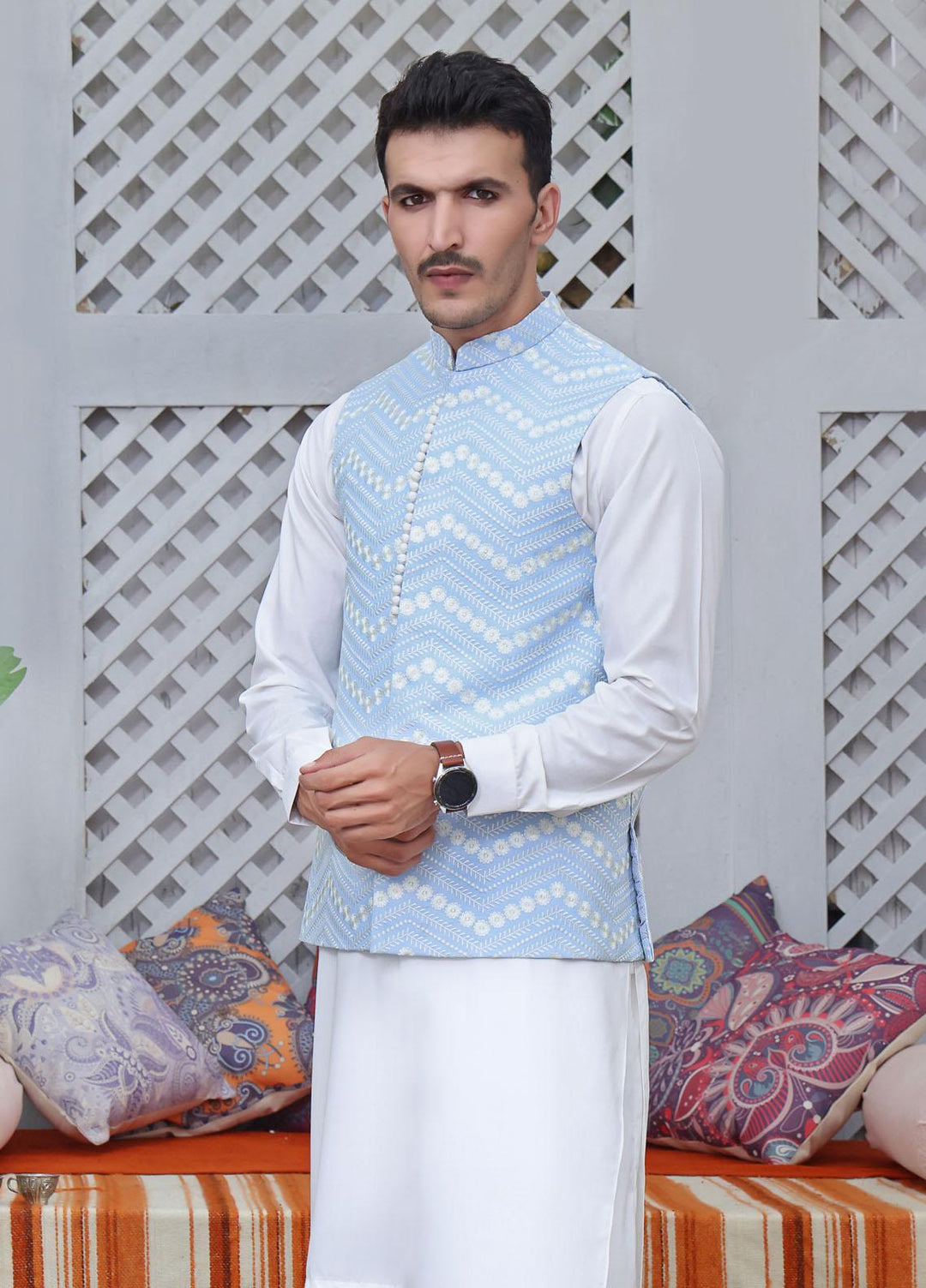 The Great Master (TGM) Jamawar Festive Waistcoat for Men - Blue Ice