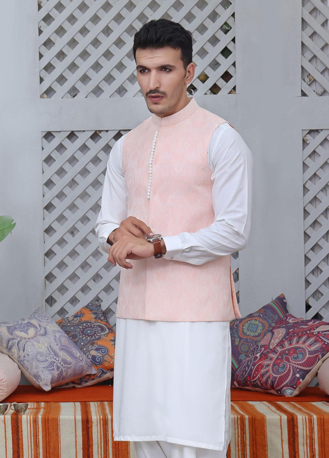 The Great Master (TGM) Jamawar Festive Waistcoat for Men -  Petal Pink