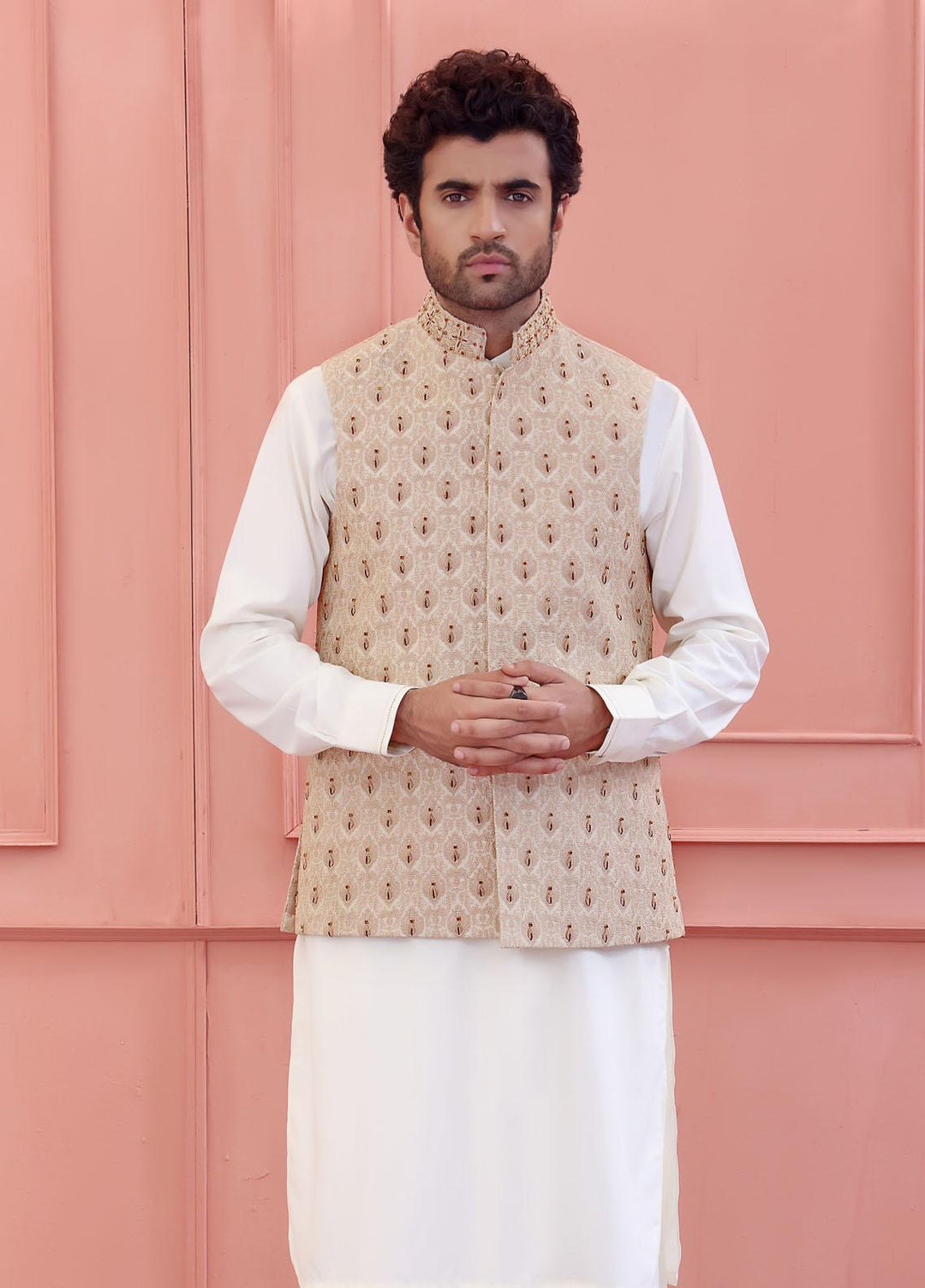 The Great Master (TGM) Jamawar Festive Waistcoat for Men -  Senna Beige