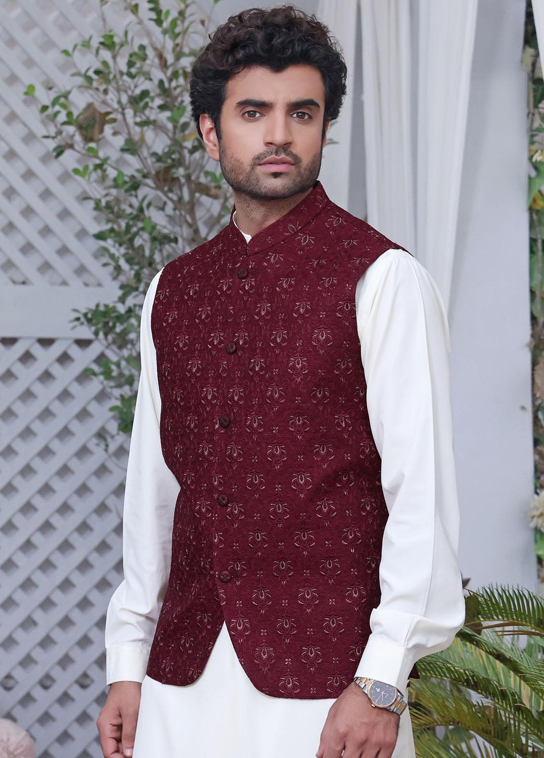 The Great Master (TGM) Jamawar Festive Waistcoat for Men -  Maroon Plum