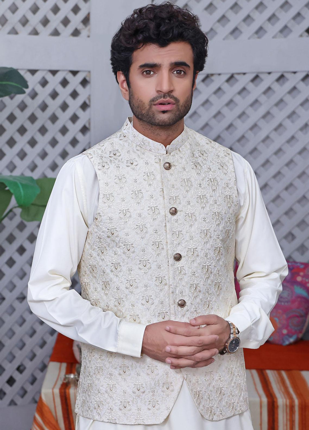 The Great Master (TGM) Jamawar Festive Waistcoat for Men -  White Pointer