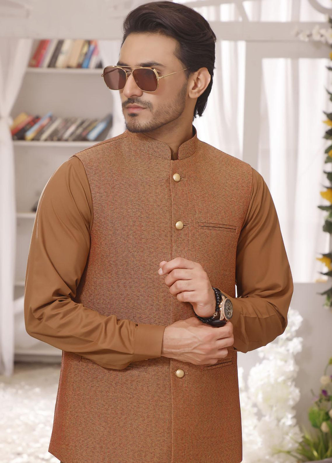 The Great Master (TGM) Wash N Wear Formal Kameez Shalwar with Waistcoat for Men - TGM22MS Burlywood