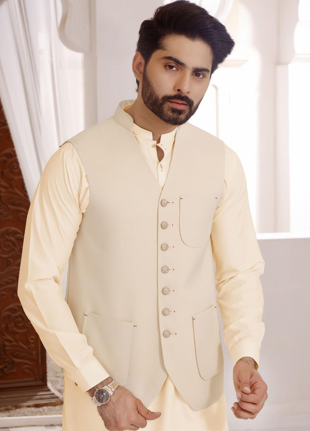 The Great Master (TGM) Wash N Wear Formal Kameez Shalwar with Waistcoat for Men - TGM22MS coconut Butter