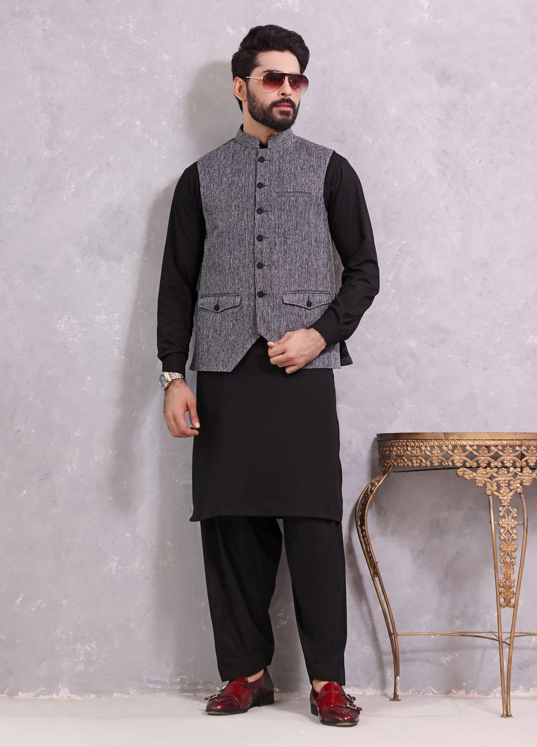 The Great Master (TGM) Wash N Wear Formal Kameez Shalwar with Waistcoat for Men -  TGM22MS Gray Whale
