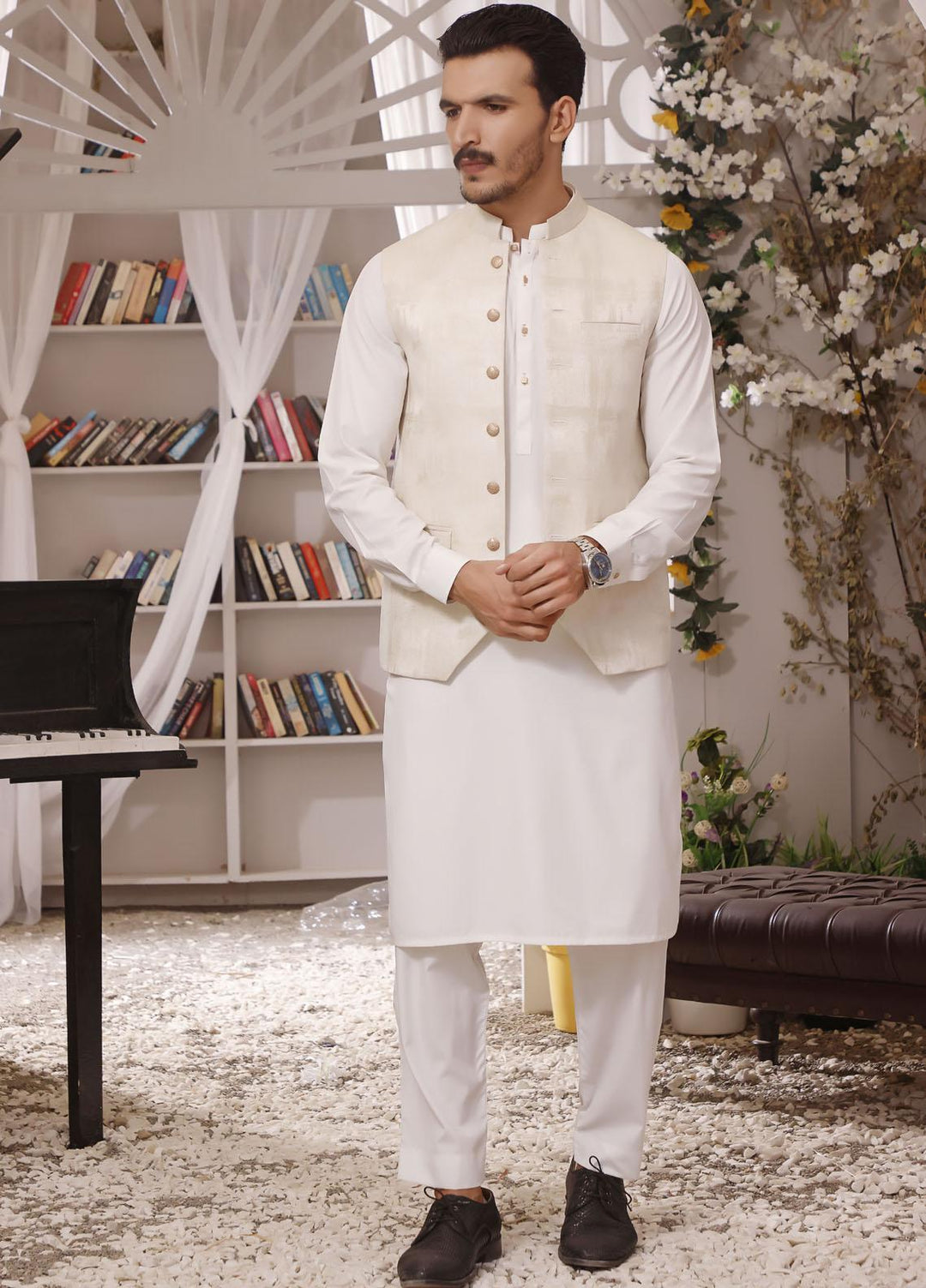 The Great Master (TGM) Wash N Wear Formal Men Kameez Shalwar with Waistcoat -  TGM22MS White Whisper