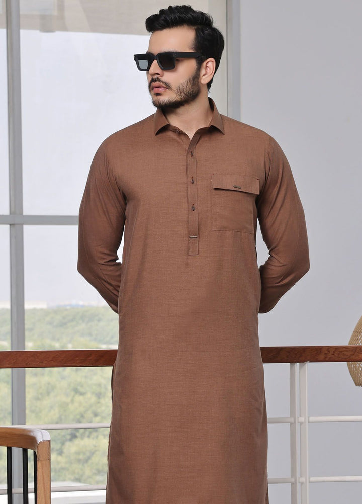The Great Master (TGM) Blended Formal Men Kameez Shalwar Umber Fantasy