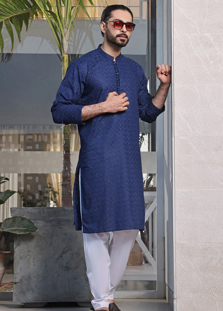 The Great Master (TGM) Chikan Fancy Men Kurta Pajama - Blue Dynasty