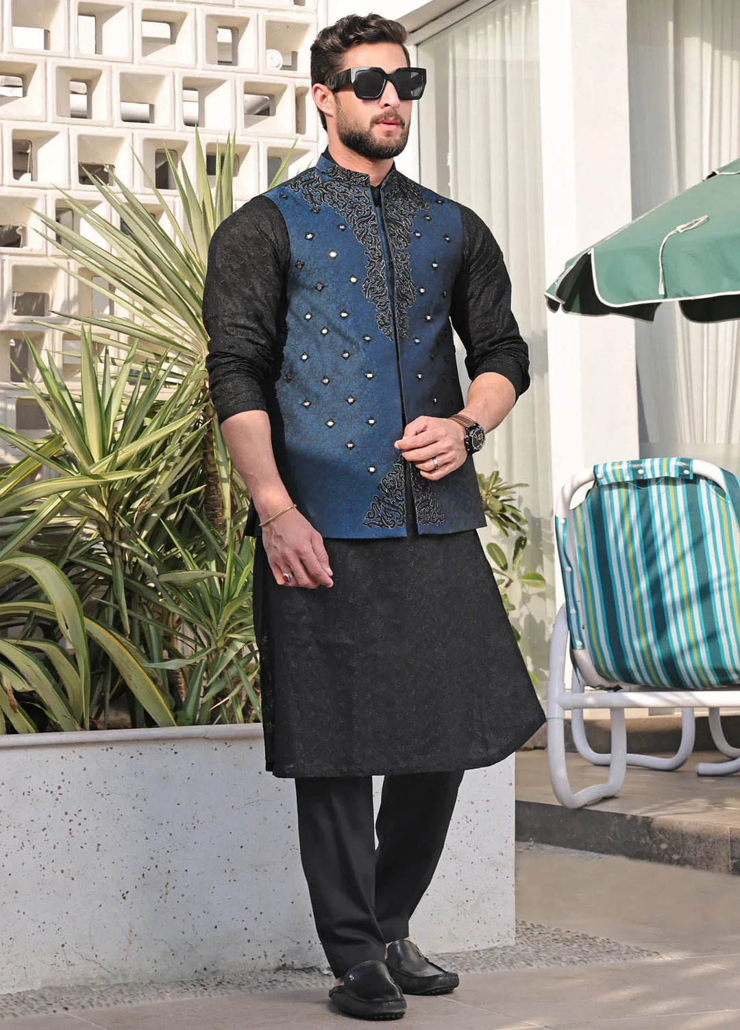 The Great Master (TGM) Jamawar Formal Men Waistcoat - Blue Nebula