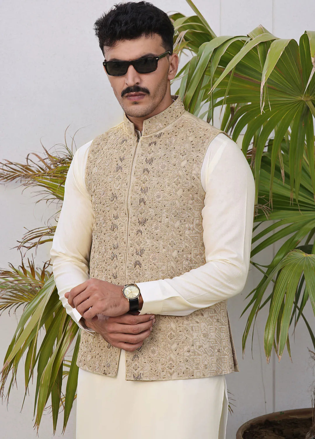 The Great Master (TGM) Jamawar Formal Men Waistcoat - Caramel Cream