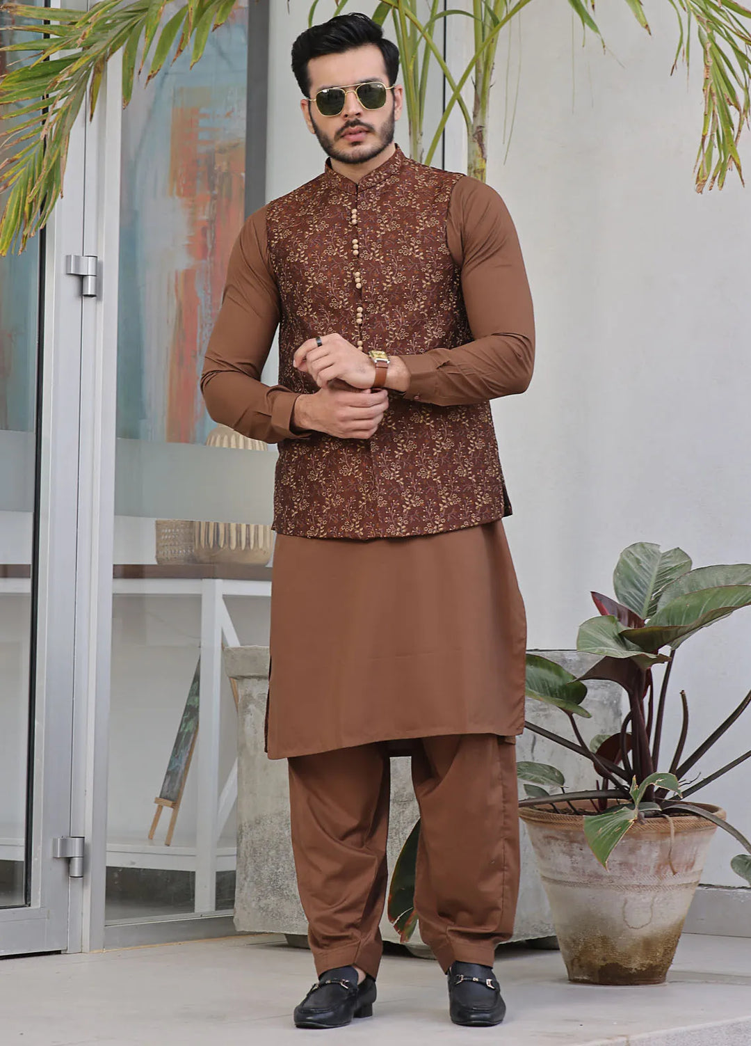 The Great Master (TGM) Jamawar Formal Men Waistcoat - Russet Radiance