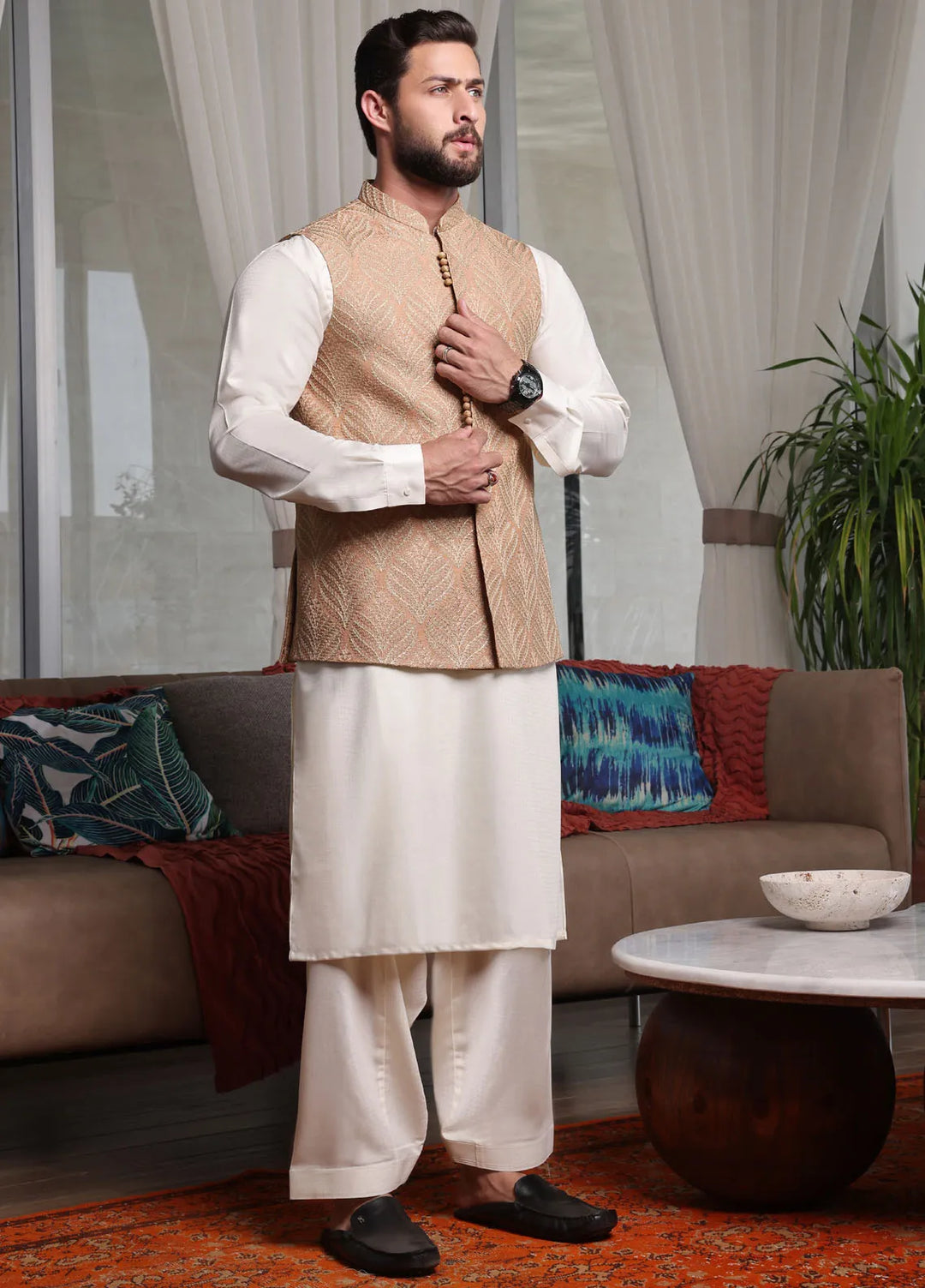 The Great Master (TGM) Raw Silk Formal Men Waistcoat - Peachwood