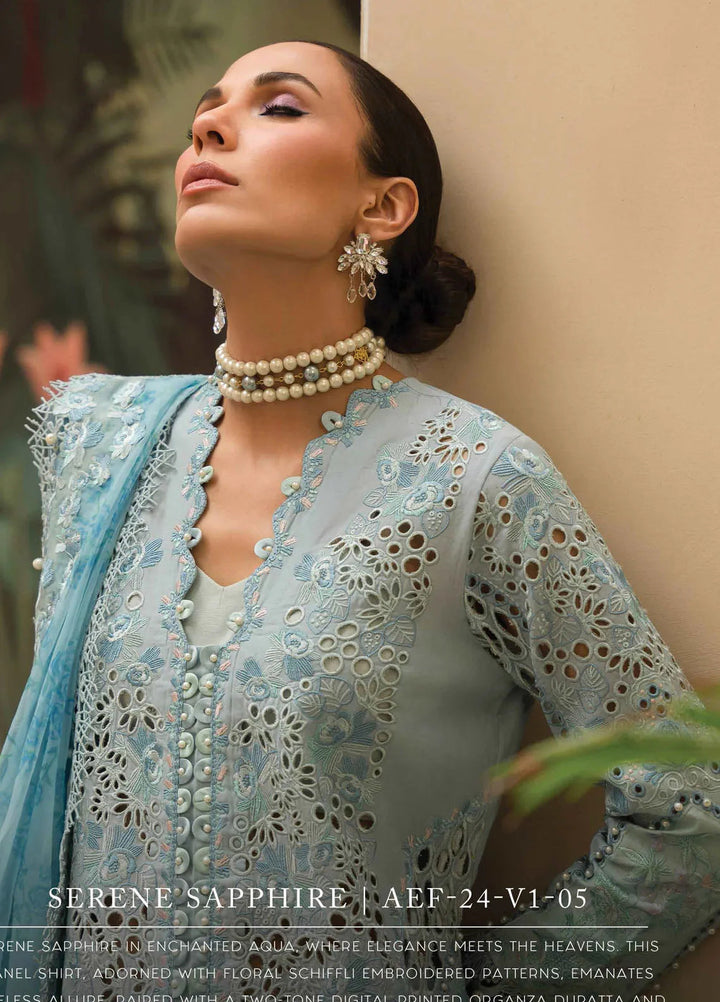 The Painted Garden by Afrozeh Embroidered Lawn Suit Unstitched 3 Piece AF24PG D-05 Serene Sapphire - Summer Collection