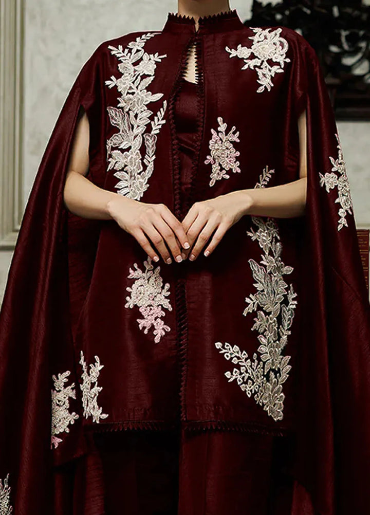 Threads And Motifs Pret Embroidered Raw Silk Dress 8725 - Maroon