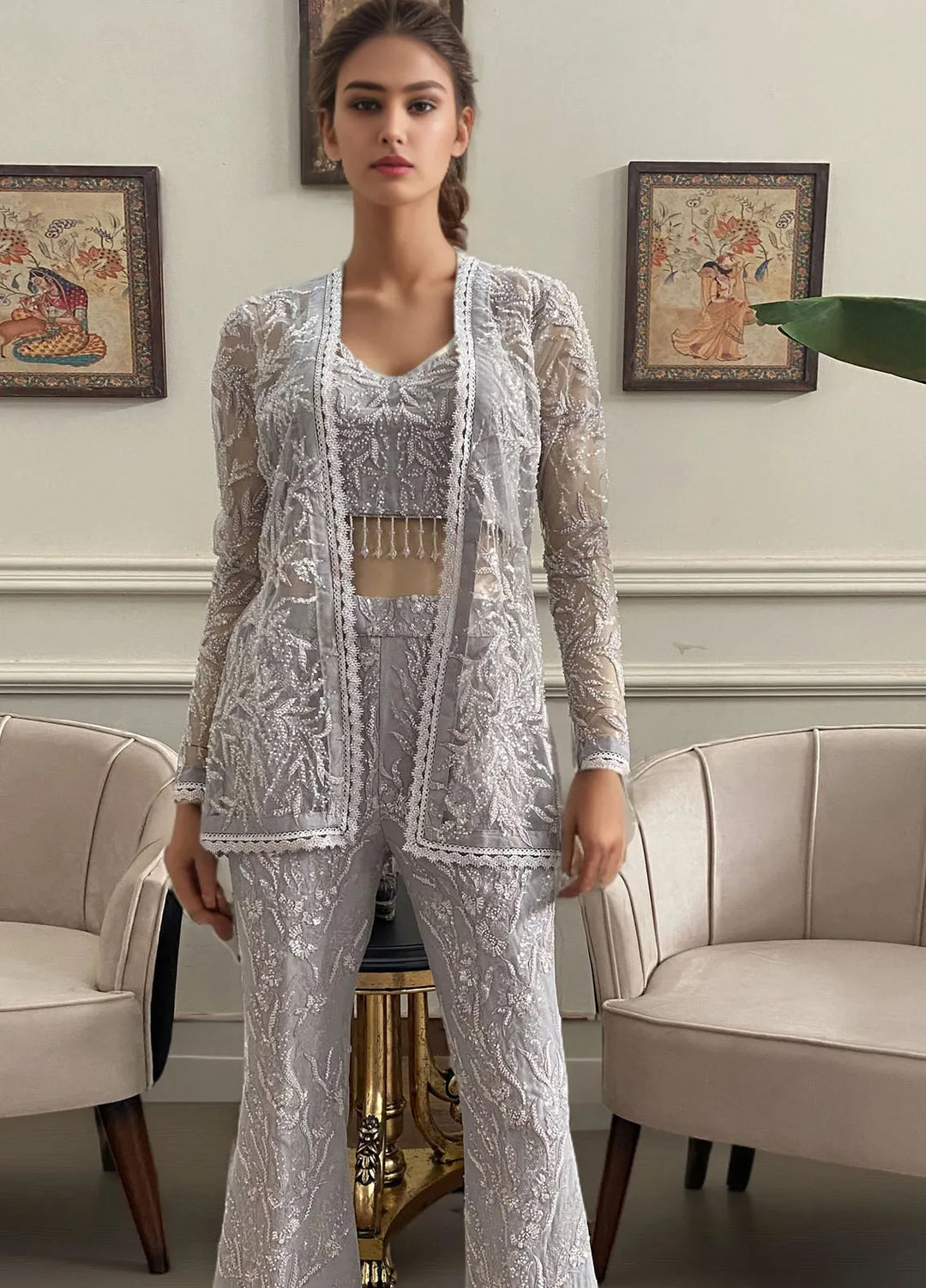 Threads And Motifz Pret Embroidered Net 3 Peice Suit 9253