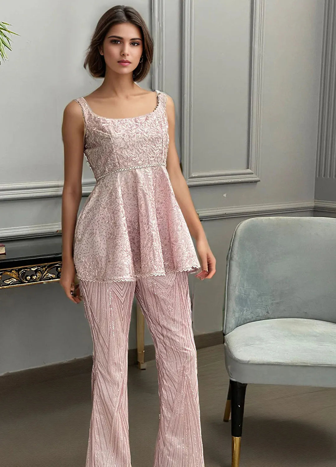 Threads And Motifz Pret Embroidered Net 3 Peice Suit 9266
