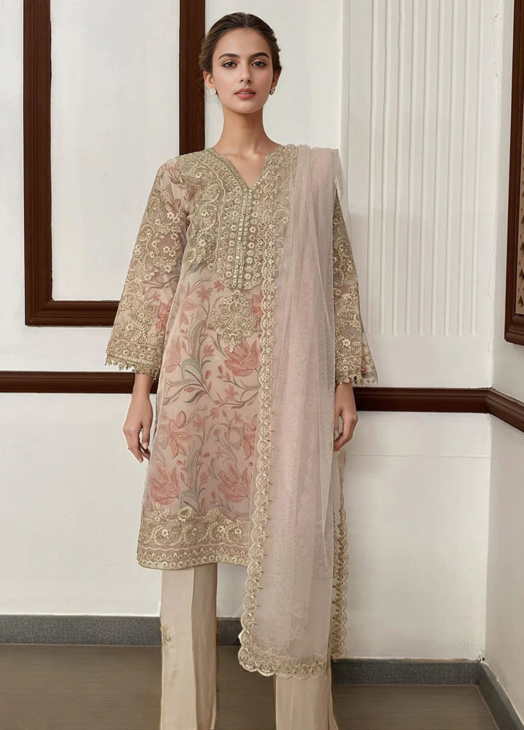 Threads & Motifs Pret Embroidered Khaddi Net 3 Piece Suits 9720