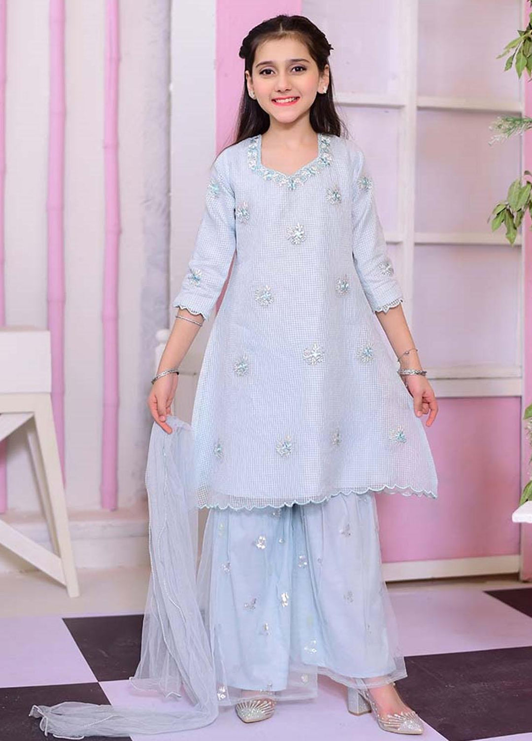 Ochre Girls 3 Piece - Tiffany Blue Organza 3 Pc Suit OFW-327