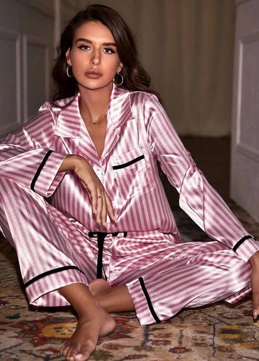 Valerie Night Wear Printed Silk Pajama Set VL-0223-SS-PKSTRP