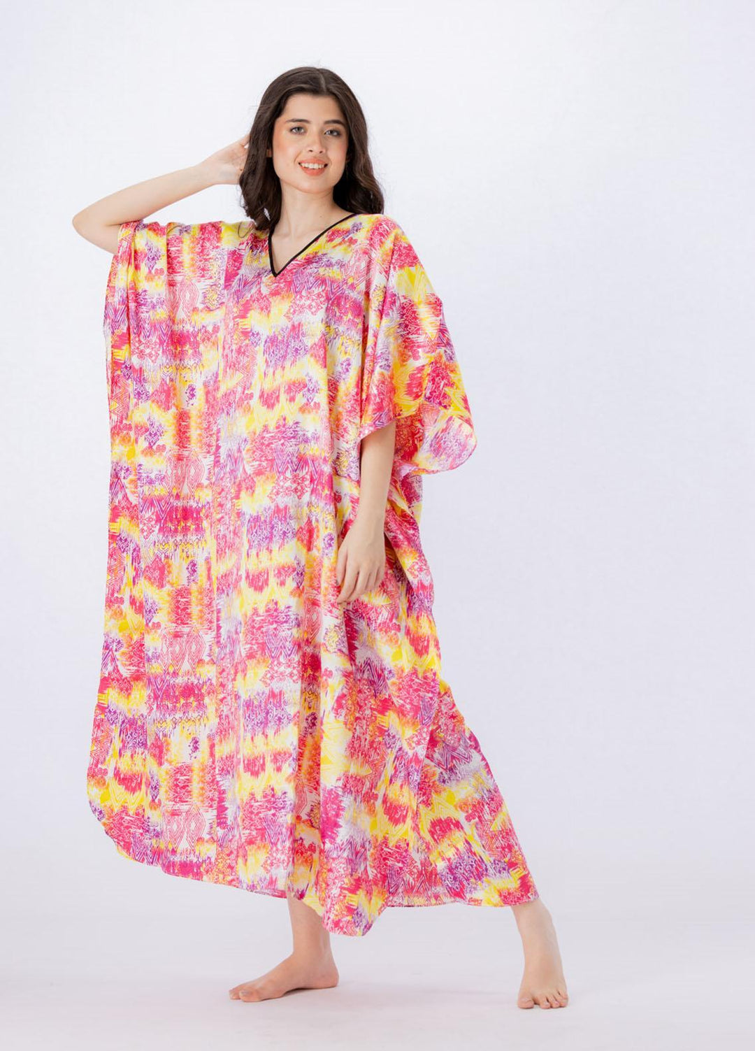 Valerie Long Caftan Collection 2022 Printed Satin Long Caftan Free Size  VKAF1022-102 - Night Dress