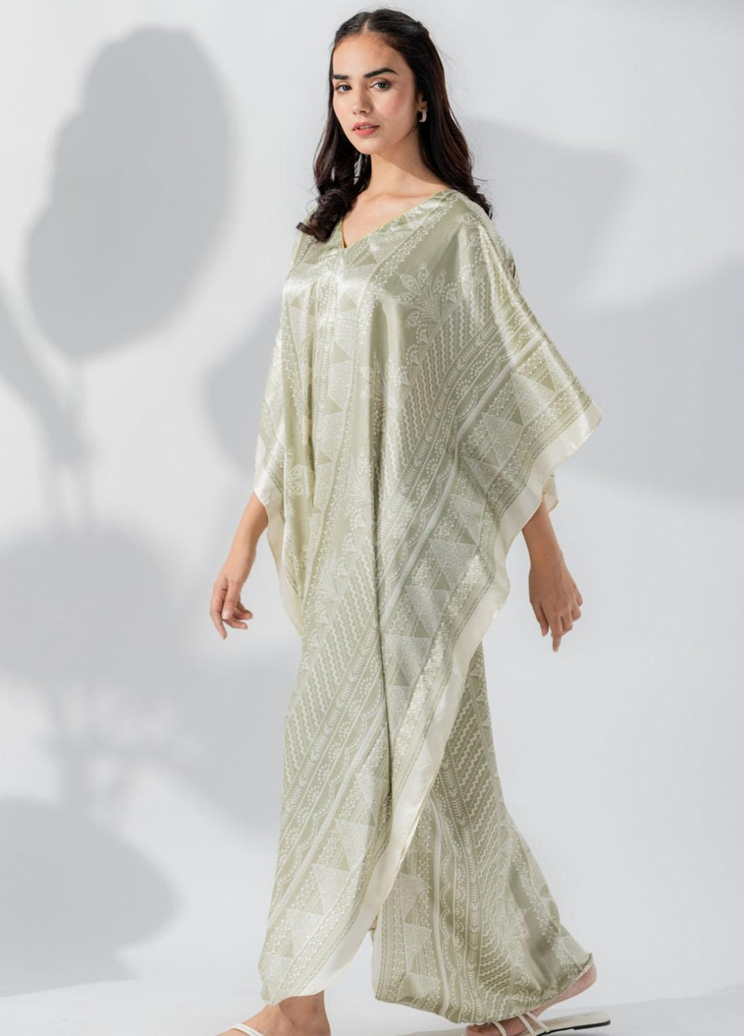 Valerie Printed Satin Long caftan  VL-CAF-GRY - Night Dress