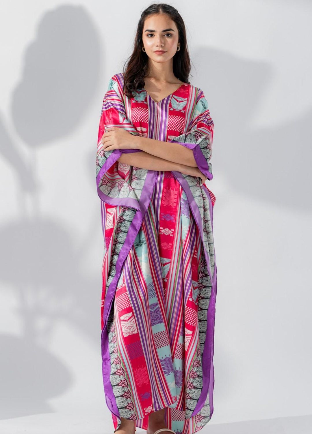 Valerie Printed Satin Long caftan  VL-CAF-PNK - Night Dress