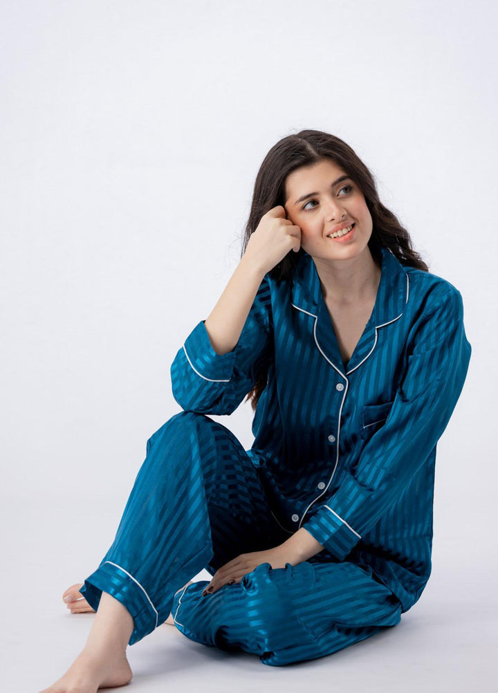 Valerie Pret Printed Satin Night Wear Pajama Set VSSPJ1022-TEAL