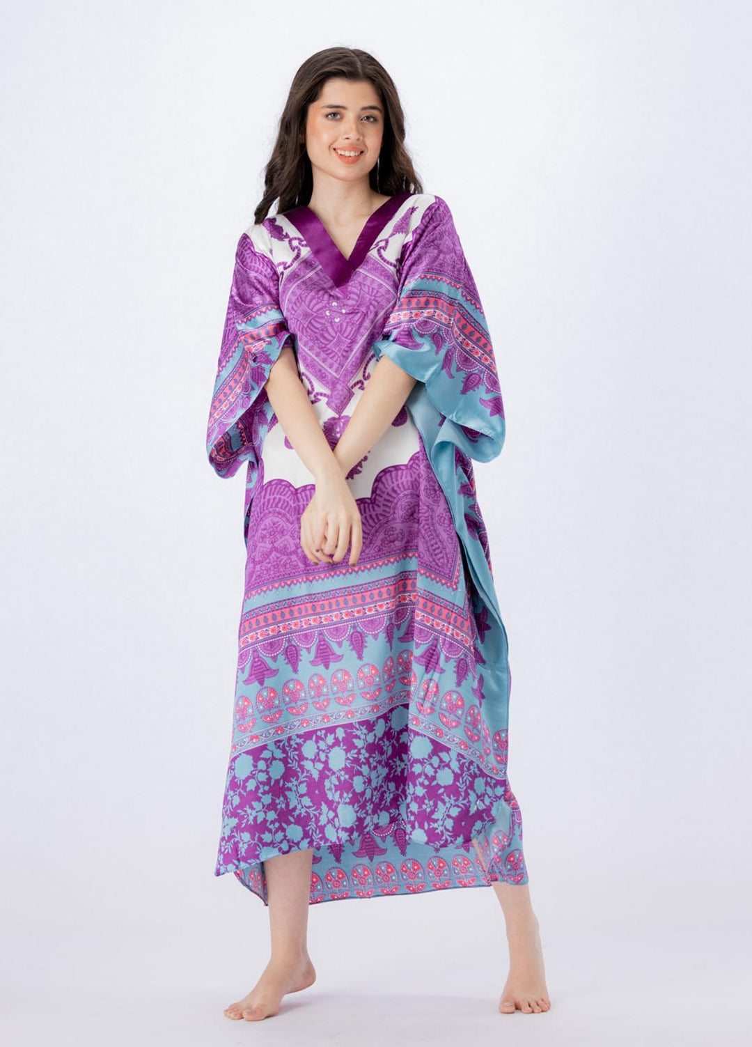 Valerie Short Caftan Collection 2022 Printed Satin Short Caftan Free Size  VKAF-1022-110 - Night Dress