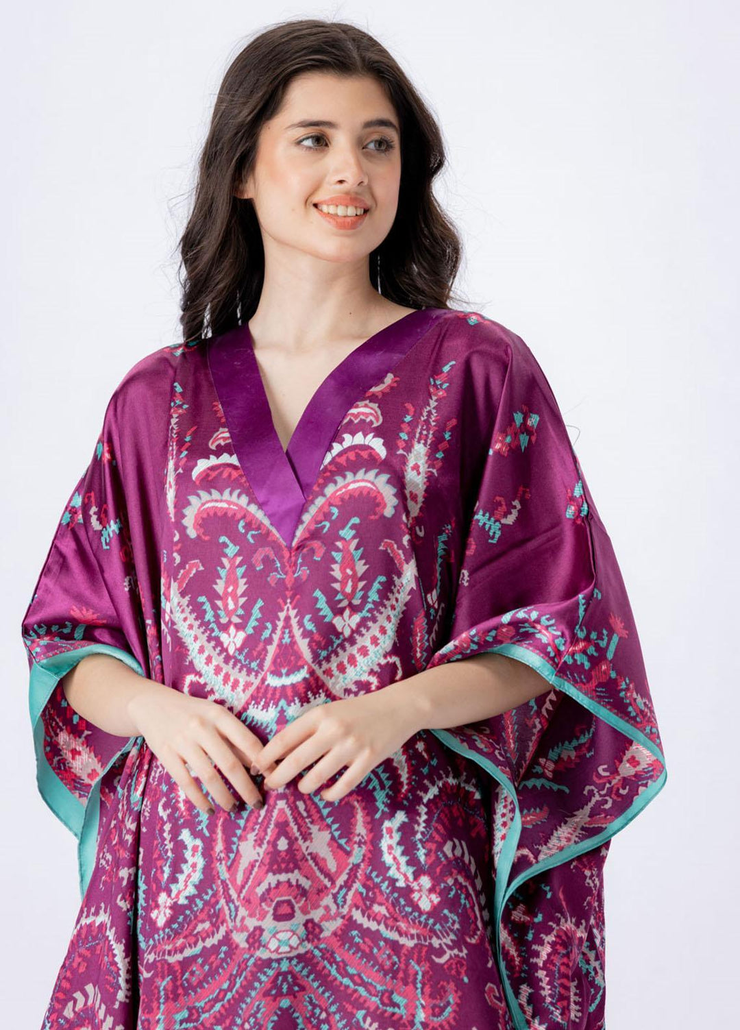 Valerie Short Caftan Collection 2022 Printed Satin Short Caftan Free Size  VKAF-1022-111 - Night Dress