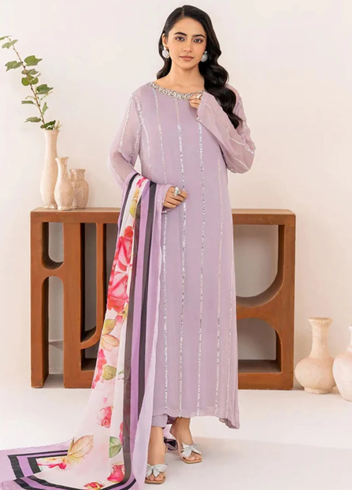 Velora by Stitch Vibes Pret Solid Chiffon 4 Piece Suit Violet Whisper