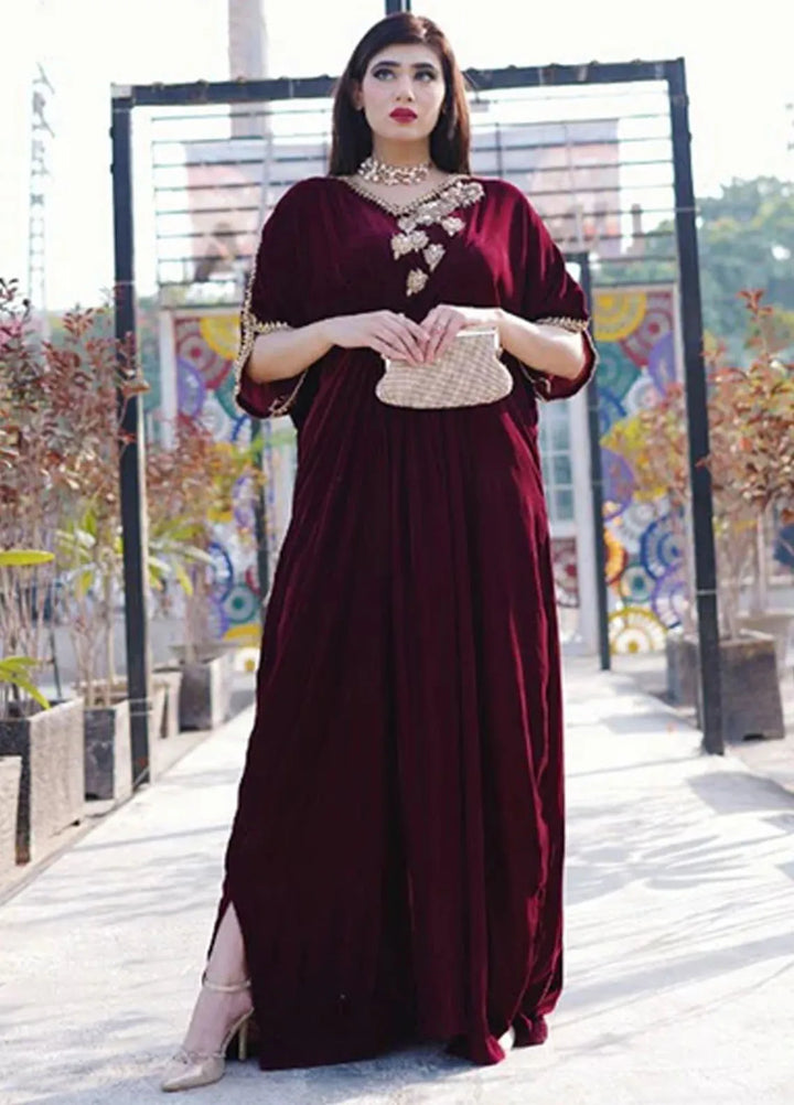 Velora by Stitch Vibes Pret Solid Velvet 1 Piece Suit Maroon Velvet Kaftan