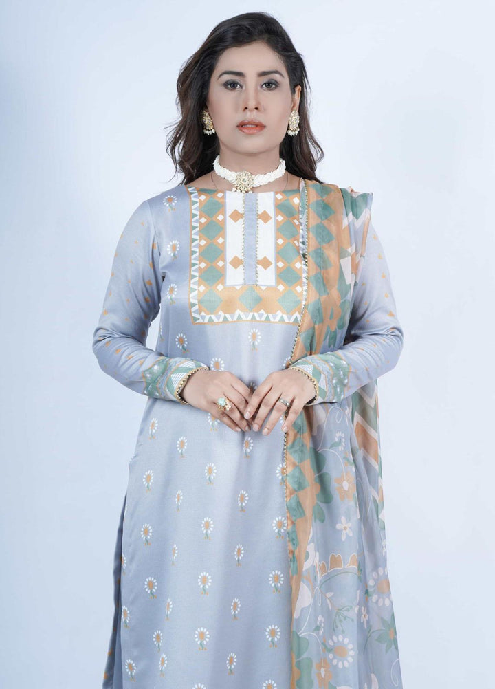 Vibgyor Fashion Printed Corduroy Suits Unstitched 3 Piece Daisy Light Blue D9-C1-23U - Formal Collection