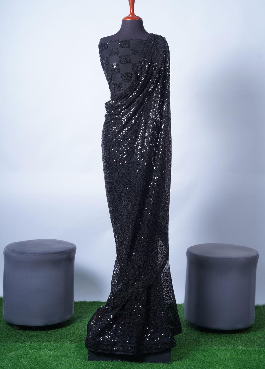 Vibgyor Fashion Embroidered Net  Unstitched Saree S2-C2-23U Sequin Black - Festive Collection